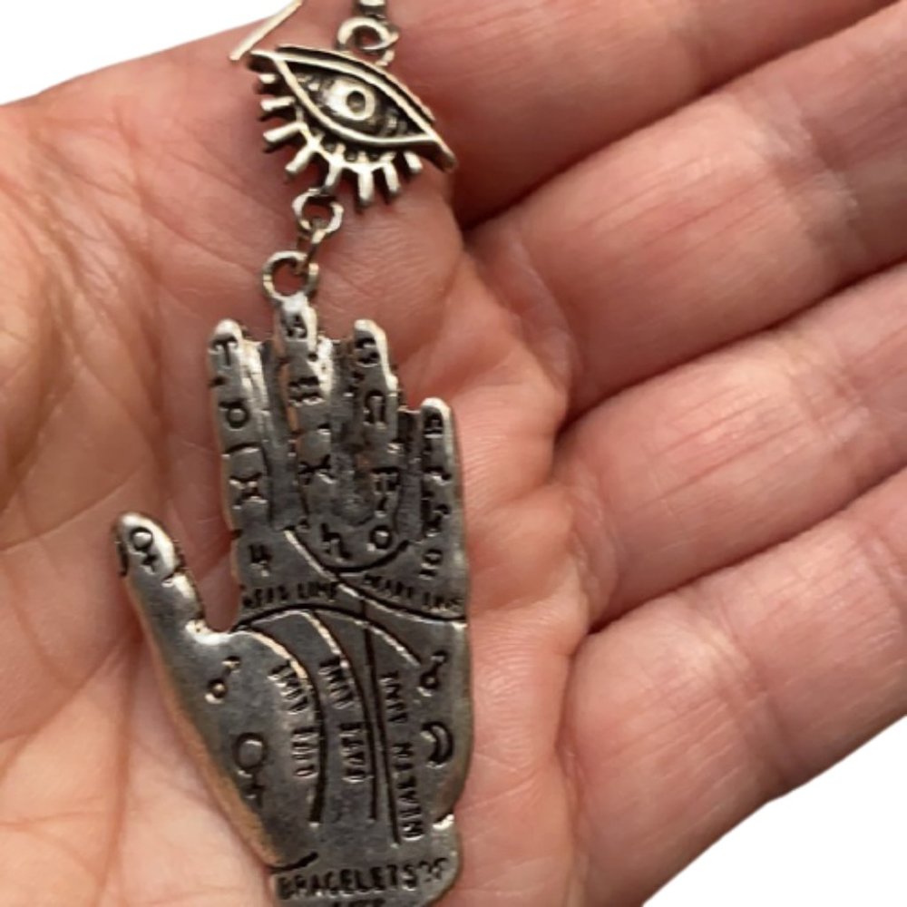 Hamsa, Fatima's hand + evil eye palm dangle silver tone large earrings - Picture 6 of 8